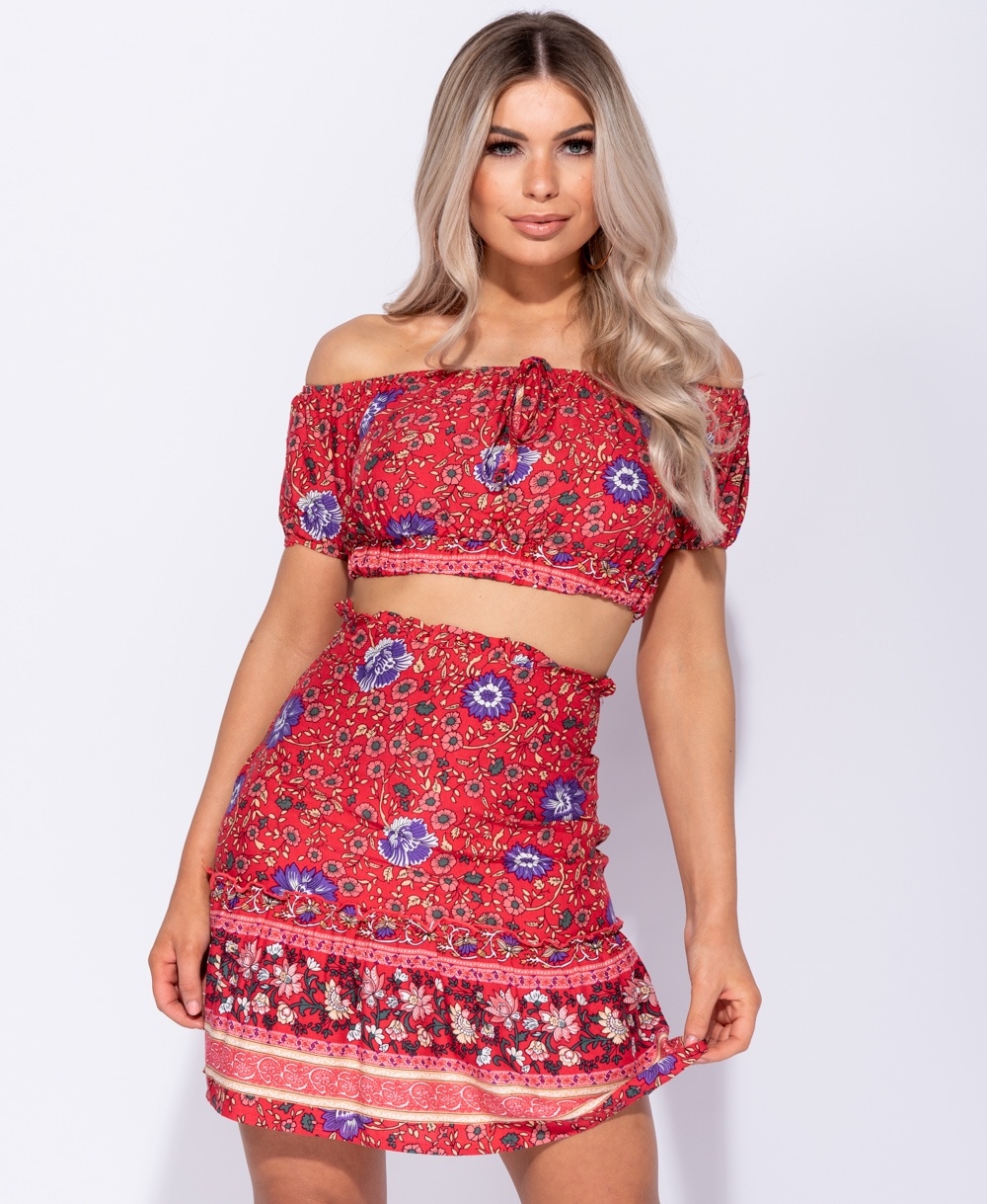 Floral Border Crop Top & High Waisted Skirt Co Ord Set